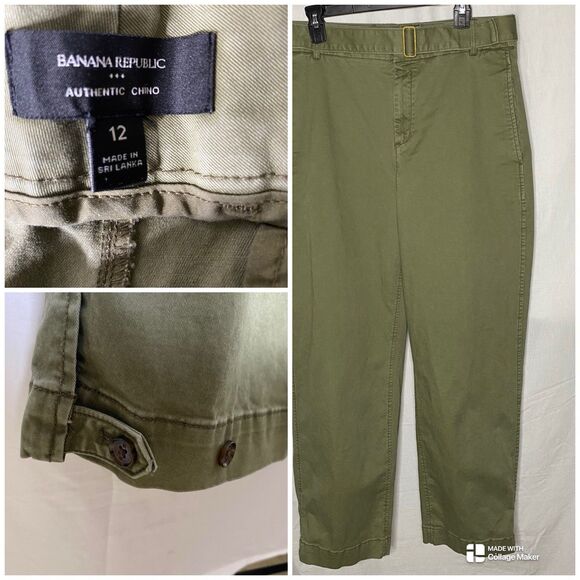BANANA REPUBLIC Twill Pants Straight Ankle Tabs Ultra High Rise Womens 12 Green - Picture 1 of 12